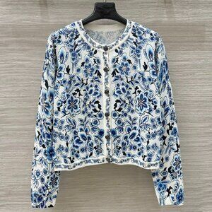 Alice + Olivia Blue and White Porcelain Print Knit Cardigan